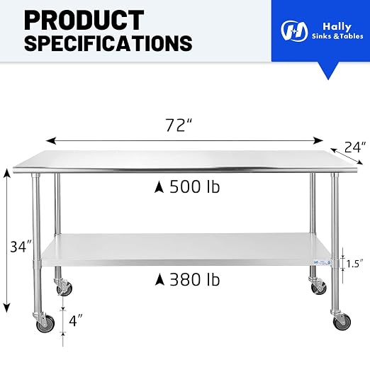Hally Stainless Steel Table for Prep & Work 24 x 72 Inches - Image 3