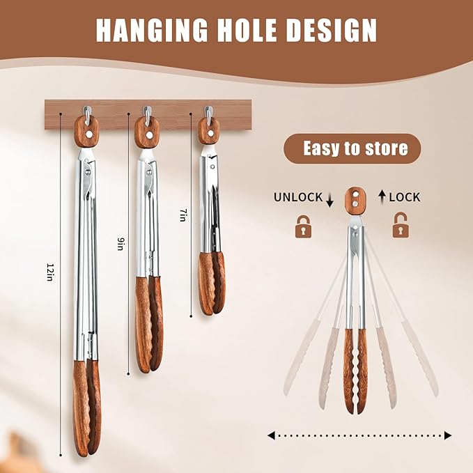 Walnut Wood Cooking Tongs Set of 3 with Pull-Ring Lock, 7, 9 and 12 Inch
