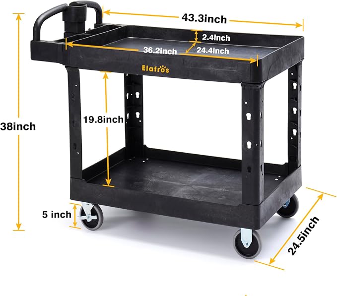 ELAFROS Extra Large Heavy Duty Plastic Utility Work Cart 43.5 x 24.6 Inch – 2 - Image 2