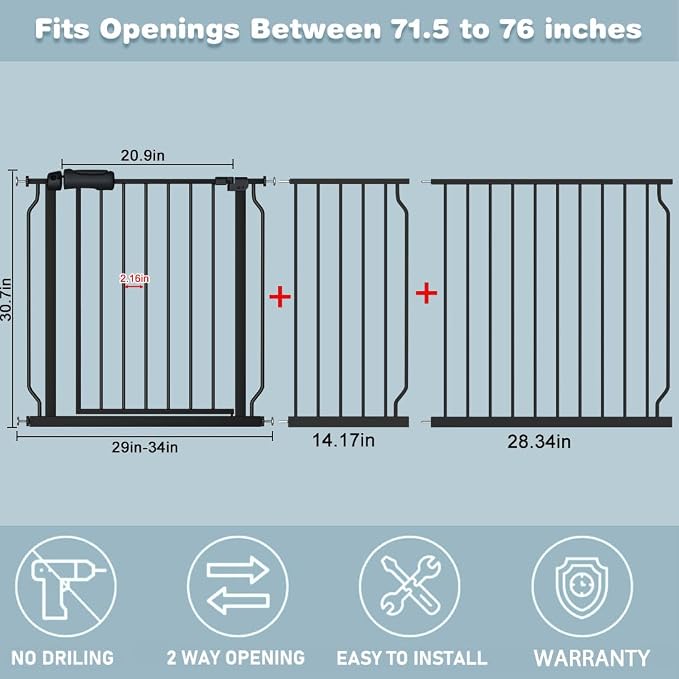 Extra Wide Baby Gate 71.6-76.37 Inch Black, Walk Through Pressure Mounted No - Image 2