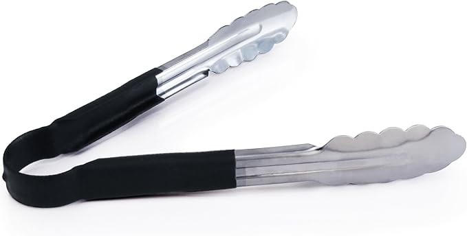 Spring Tongs, 9-Inch Stainless Steel with Black Vinyl-Coated Handles