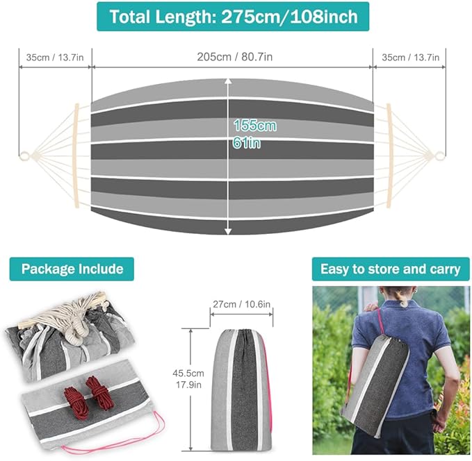 Fabric Hammock for Camping, 550 lb Capacity, 320G Canvas, Grey