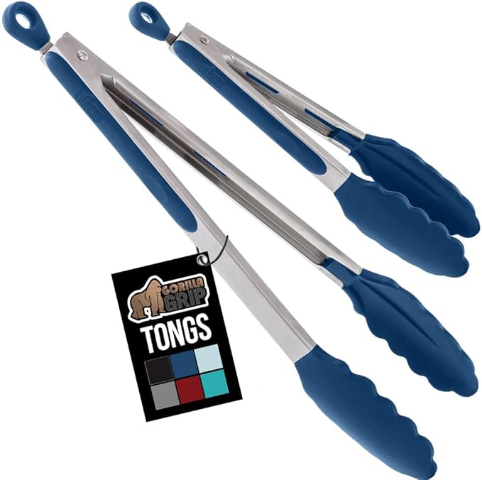 Tongs with Scalloped Silicone Edges and Stainless Steel Construction, Blue