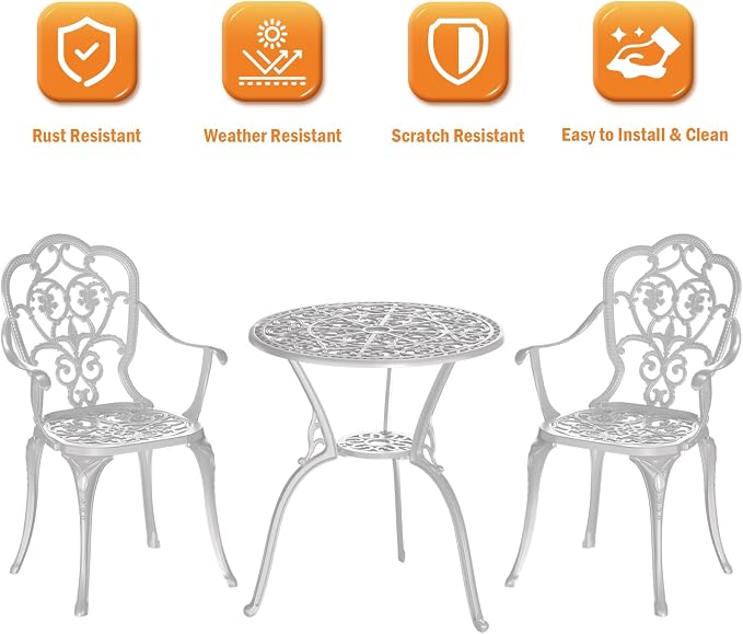 Patio Bistro Set of 2, Cast Aluminum, Outdoor Set w/Umbrella Hole, 3 Piece - Image 4