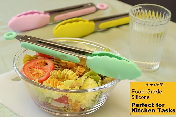 Silicone Grilling Tongs, 9-Inch 3-Pack in Mint, Pink and Yellow