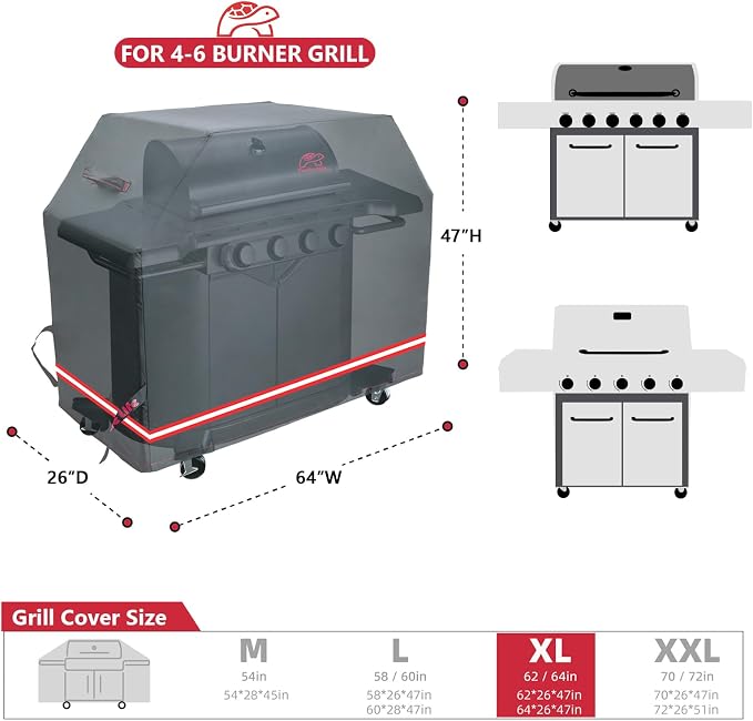 Turtle Life BBQ Grill Cover, 64 Inch Heavy Duty Waterproof 4-6 Burner Barbecue - Image 2