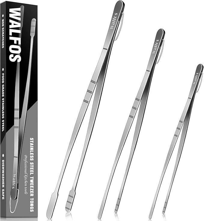 Tweezer Tongs, 3-Piece Stainless Steel Set in 8, 10 and 12 Inch