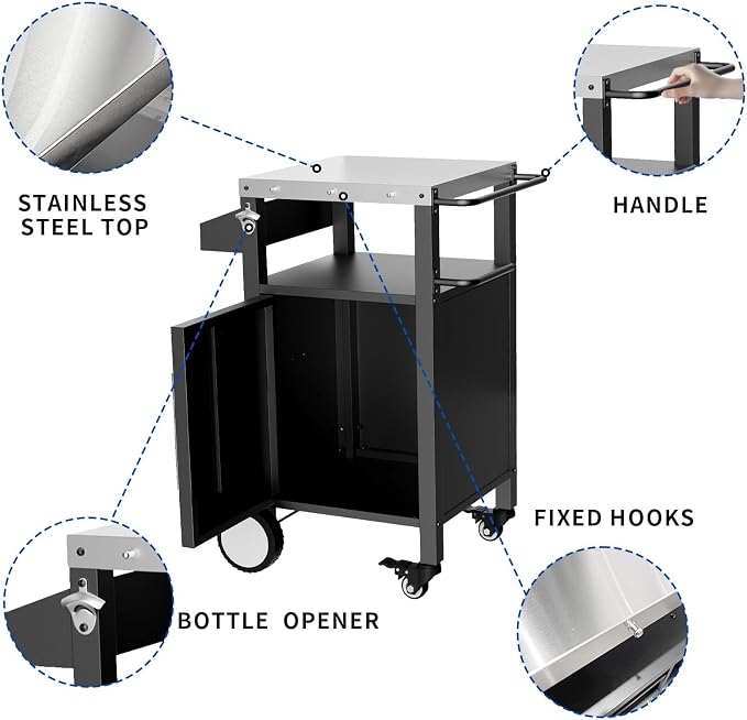 Outdoor Grill Cart with Storage, Stainless Steel Top, Movable Patio Kitchen - Image 4