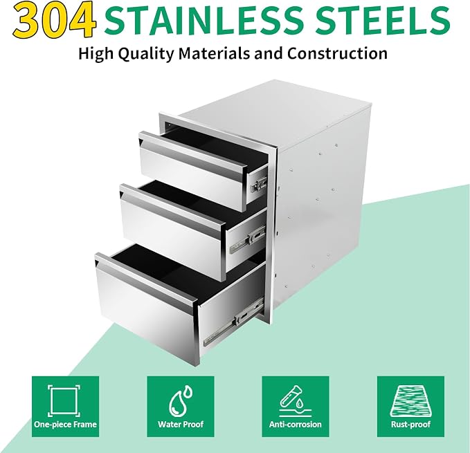 Outdoor Kitchen Drawers 18" W x 24" H x 23" D Stainless Steel Triple Drawers - Image 3