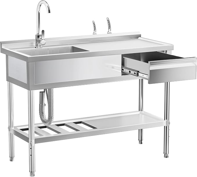 Stainless Steel Sink with Cold and Hot Water Pipes, Free Standing Single Bowl by Unknown