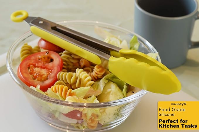 Tongs, 9-Inch Food-Grade Silicone and Stainless Steel BBQ Tongs, 3-Pack, Yellow