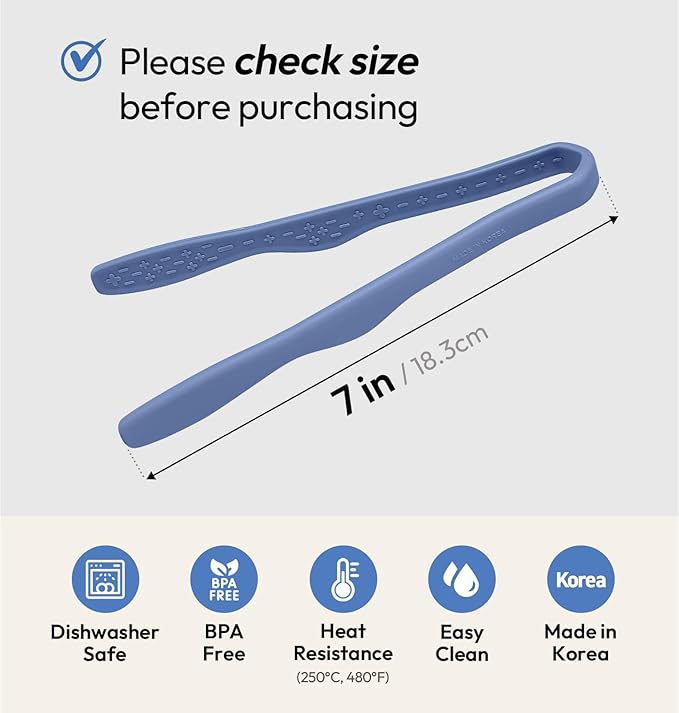 Tongs in Blue Silicone, 7-Inch Mini with Anti-Slip Grip