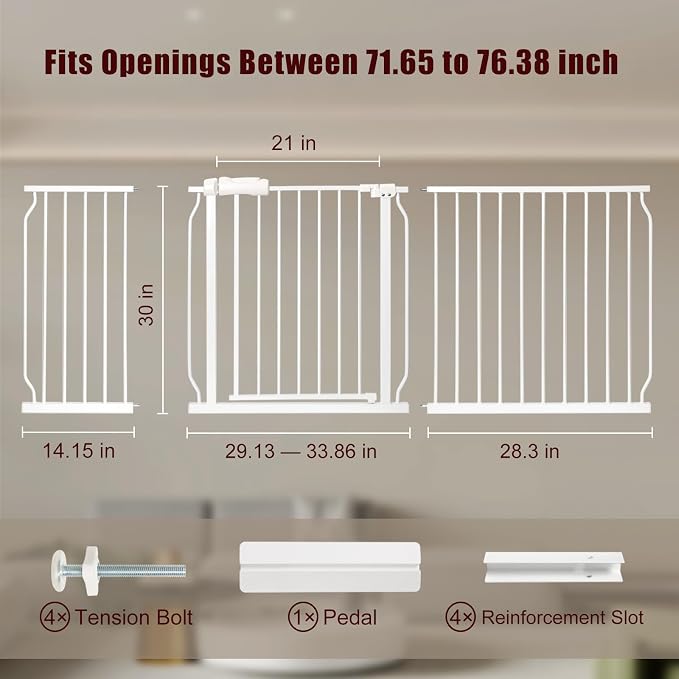 Extra Wide Baby Gate 71.65-76.38 Pressure Mounted, Child Dog Pet Safety Gates - Image 2
