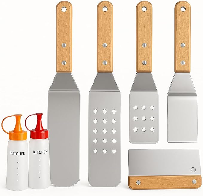 7 Piece Stainless Steel Spatula Set-Burger Flipper-4 Spatulas, + 2 Bottles-for by ArtisanFire