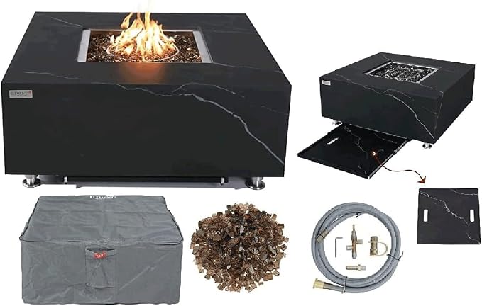 Elementi+ | Bianco Gas Fire Pit | Marble Porcelain & Metal Frame | 40" Square by AMSFireplaceInc