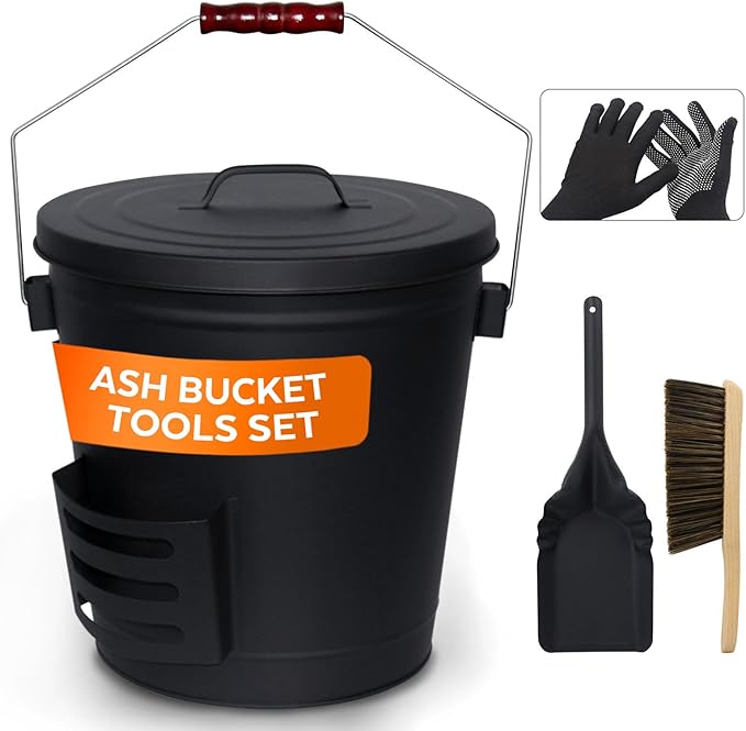 5.2 Gallon Ash Bucket with Lid and Shovel, Metal Fireplace Ash Bucket with Broom by WelcometoMinimalisthome