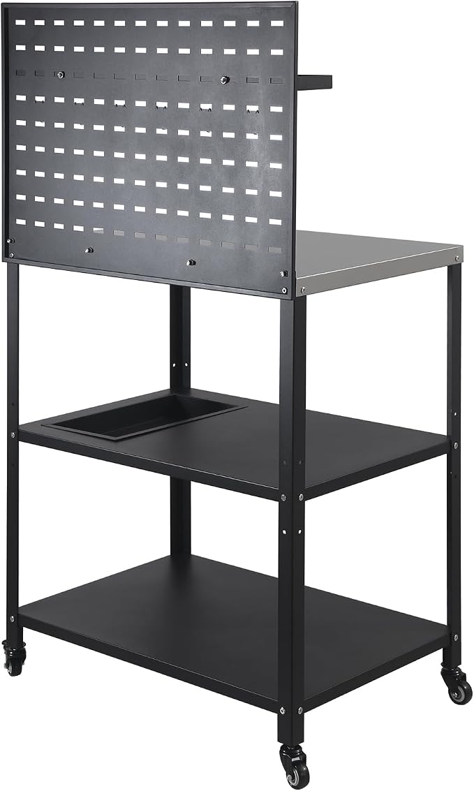 Three-Tier Grill Cart with Hanging Plate, Grill Table with 2 Locking Casters - Image 9