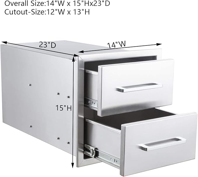 Outdoor Kitchen Drawers Stainless Steel 2-Drawer BBQ Drawer 14" W x 15" H x 23" - Image 2