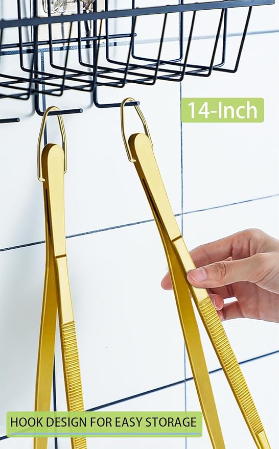Tongs, 2 Pack 14-Inch Stainless Steel Gold Long Kitchen Tongs