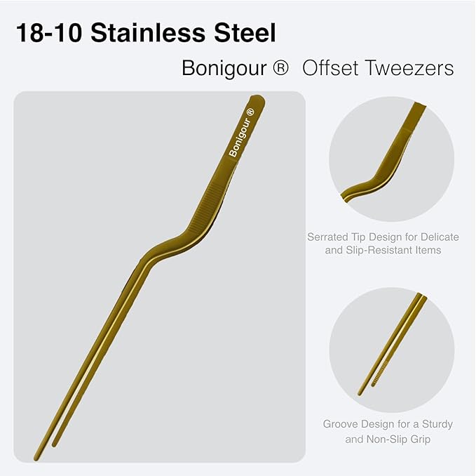 Tongs: Gold Stainless Steel Offset Precision Tweezers, 9.3-Inch