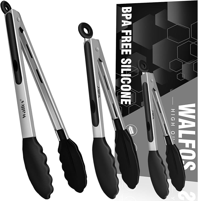 Tongs Set, 3-Piece Black Silicone Tip with 7, 9 and 12 Inch Lengths