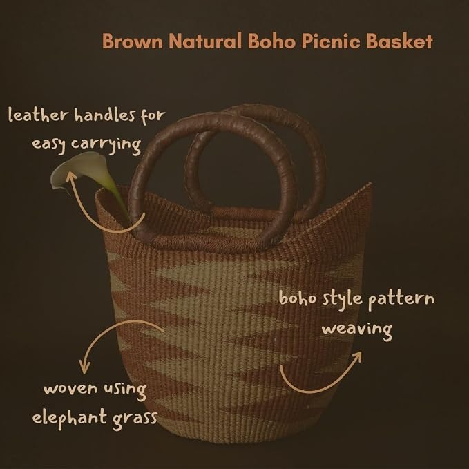 Brown Natural Picnic Basket, Reusable Grocery Bag, Kitchen & Dining Storage - Image 3