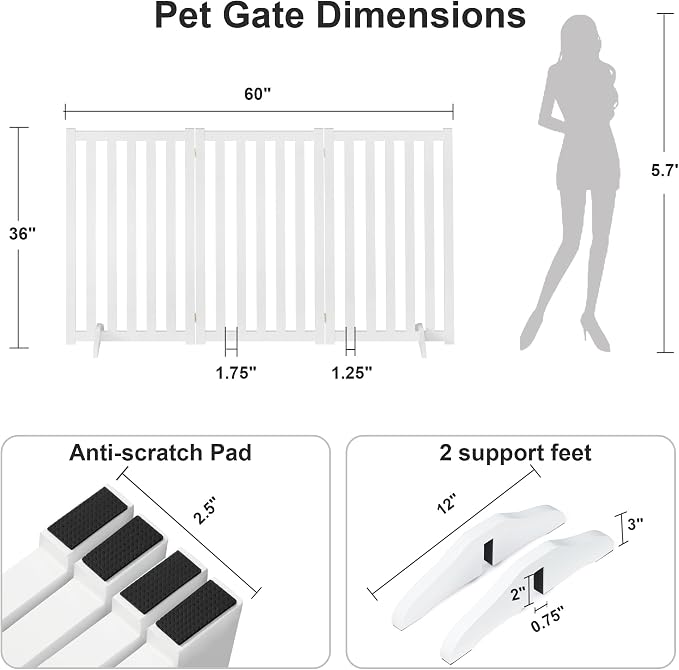 36" Height Extra Tall Freestanding Pet Gate, Solid Wood Folding Safety Fence - Image 2