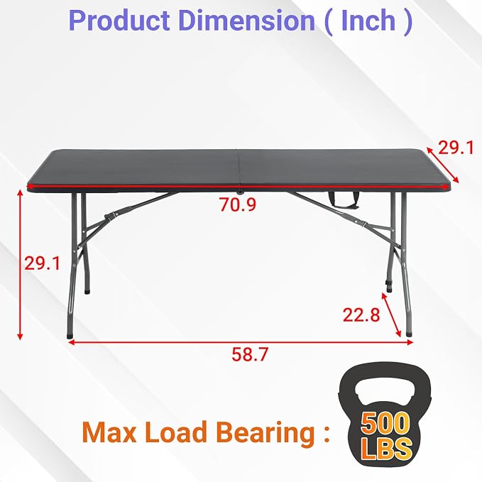FDW 6FT Folding Table, Portable Fold-in-Half Plastic Picnic Party Table - Image 3