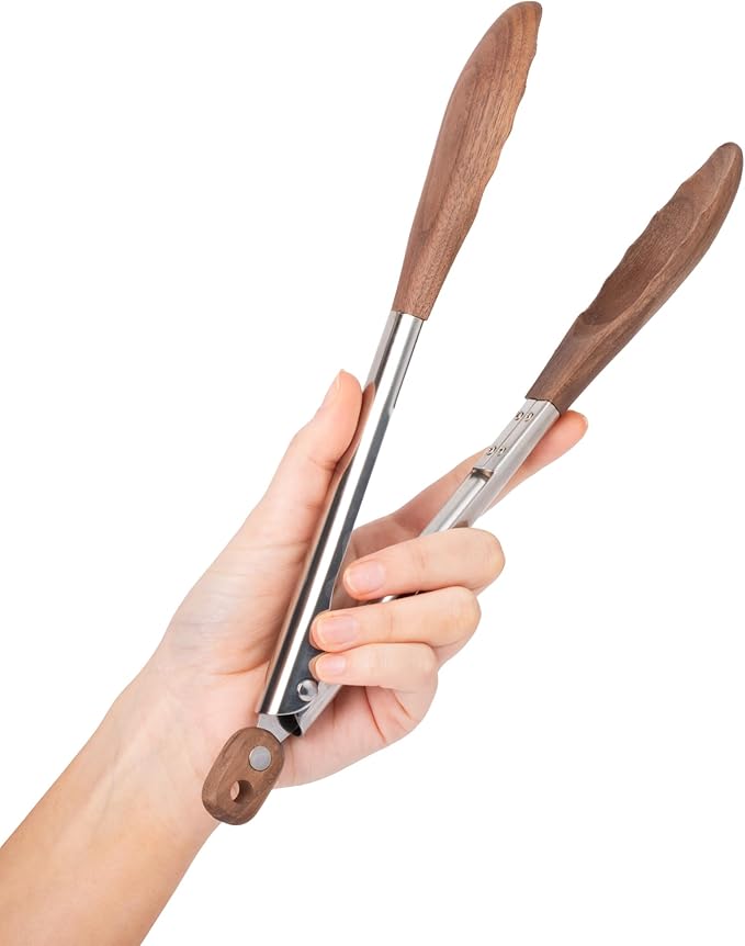 Tongs, Walnut Hardwood with Spring Action and Locking Handles