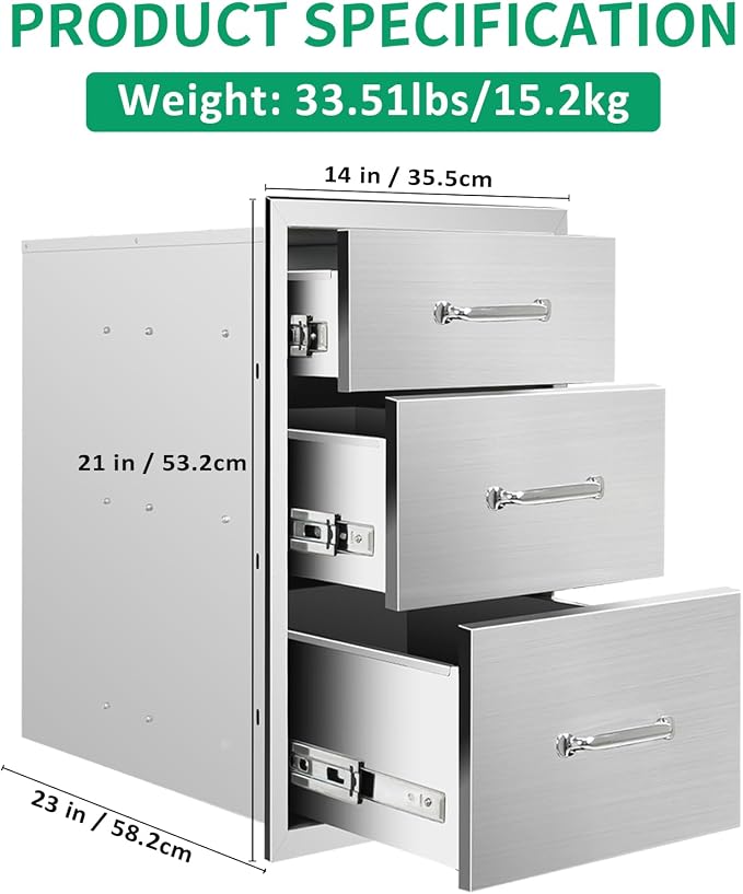 Outdoor Kitchen Drawers 14" W x 21" H x 23" D Stainless Steel Triple Drawers - Image 2
