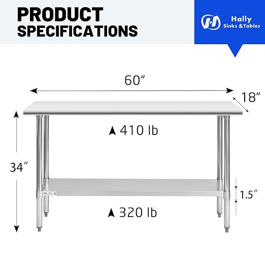 Hally Stainless Steel Table for Prep & Work 18 x 60 Inches, NSF Commercial - Image 3