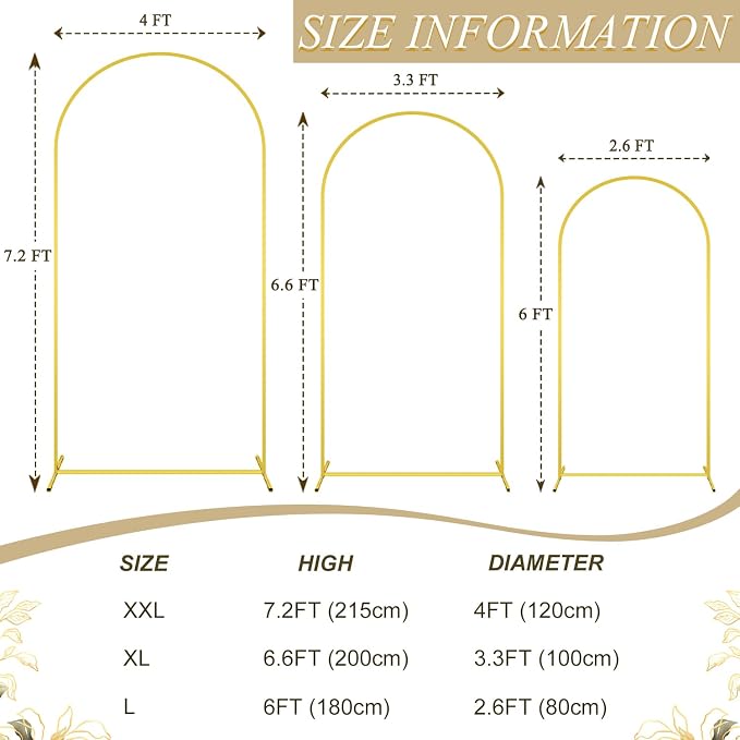 MODFUNS Metal Arch Stand Gold Wedding Arch Frame Set of 3 Balloon Arched Stands - Image 3