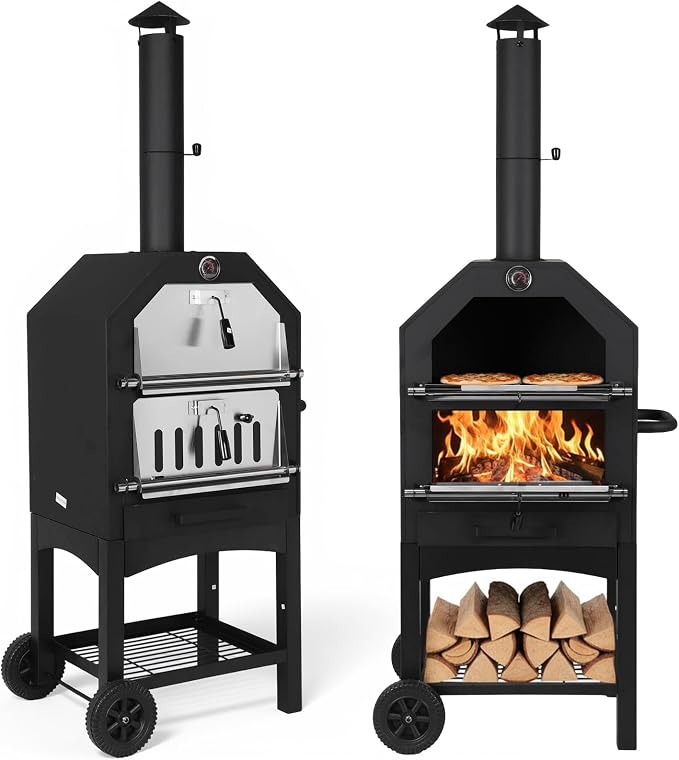 2-Tier Freestanding Charcoal Pizza Oven Stone and Shovel Large Wood Fired Pizza - Image 6