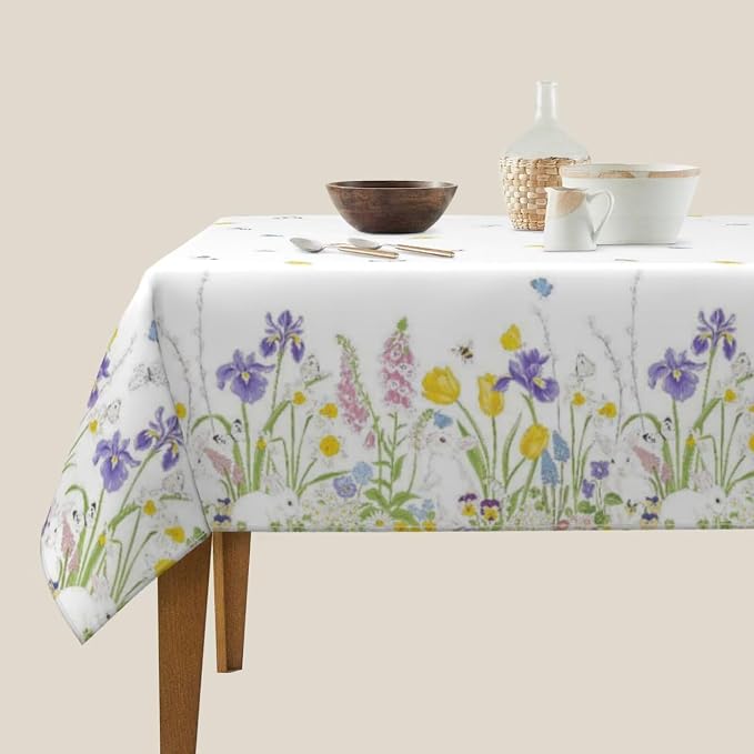 Spring Easter Tablecloth 54 x 54 Inch Square, Bunny Colorful Flower Butterfly - Image 3