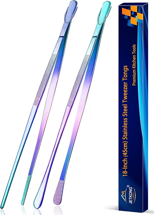 Tongs, 2-Pack 18 Inch Stainless Steel Grilling Tweezers, Rainbow
