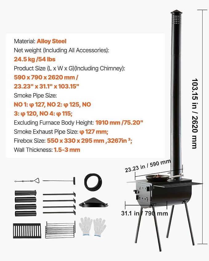 VEVOR 118" Camping Wood Stove, Portable Alloy Steel Tent Stove - Image 7