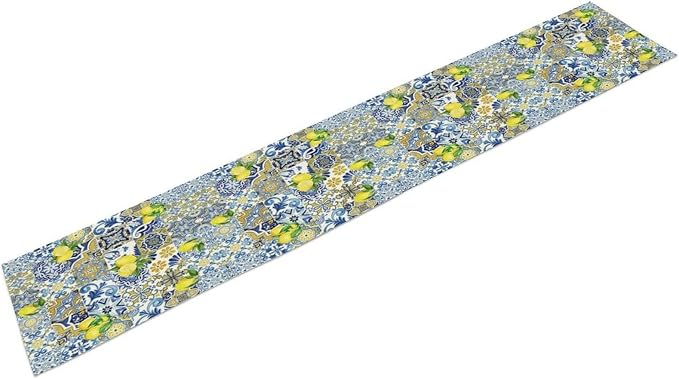 Farmhouse Rustic Lemon Table Runner, Vintage Morocco Blue Tiles Mediterranean - Image 3