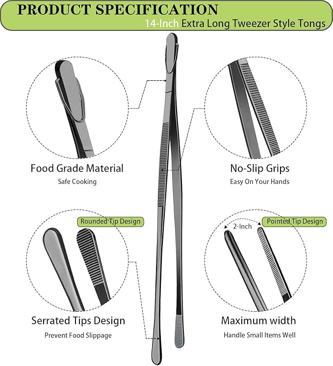 Tongs, 14-Inch Stainless Steel Black 2-Pack for Grilling and Cooking