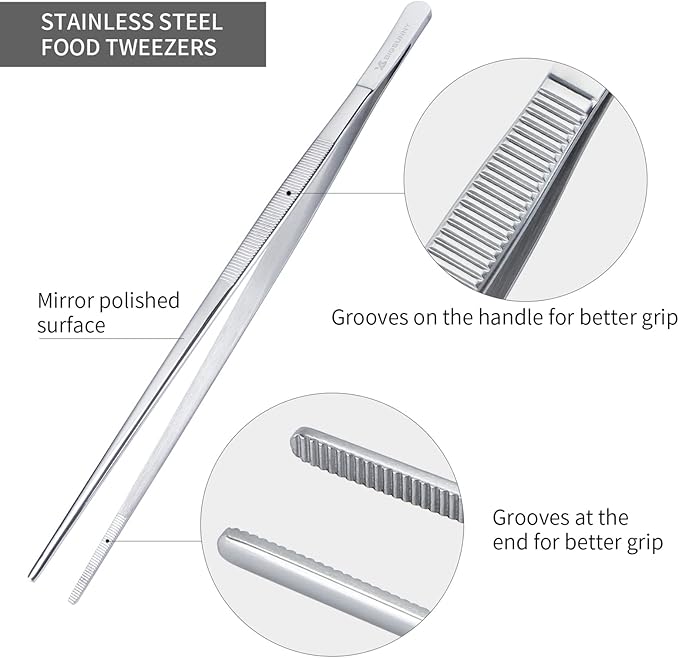Tongs Stainless Steel Fine-Tip Tweezer Set, Silver, 12 Inch