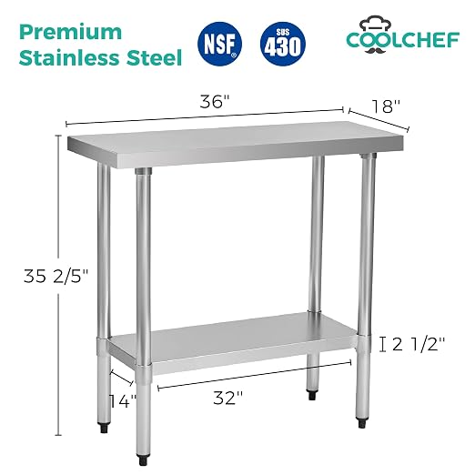 Stainless Steel Work Table 18 x 36 Inch, NSF Commercial Prep Table - Image 2
