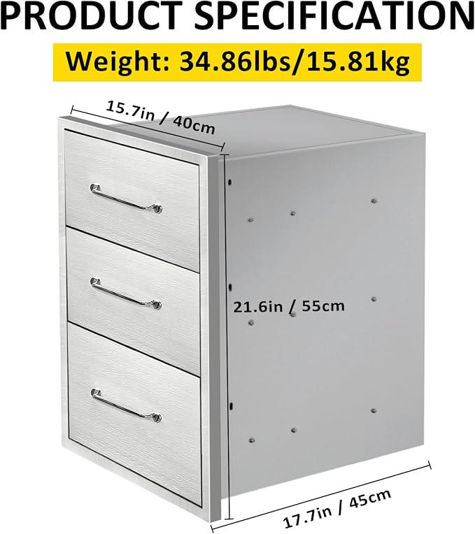 Outdoor Kitchen Drawers 15.7" W x 21.6" H x 17.7" D Flush Mount Triple BBQ - Image 2