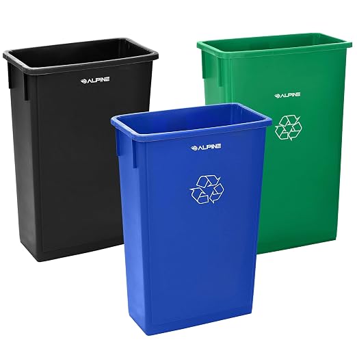 Alpine 23 Gallon Slim Recycling & Trash Bin Set – 3-Pack Blue/Black/Green by AlpineIndustries