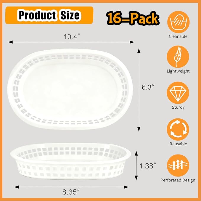 Fast Food Baskets 16-Pack, 10 x 6 Inch Plastic Oval Serving Baskets - Image 2