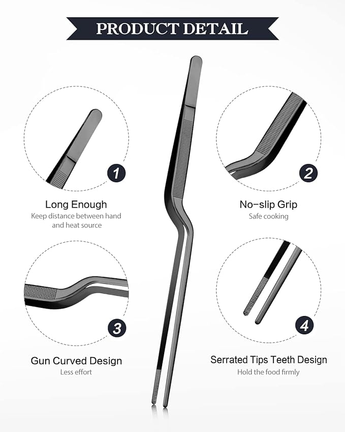 Tweezer Tongs Set, 2-Piece Stainless Steel, Offset and Fine Tip, Black