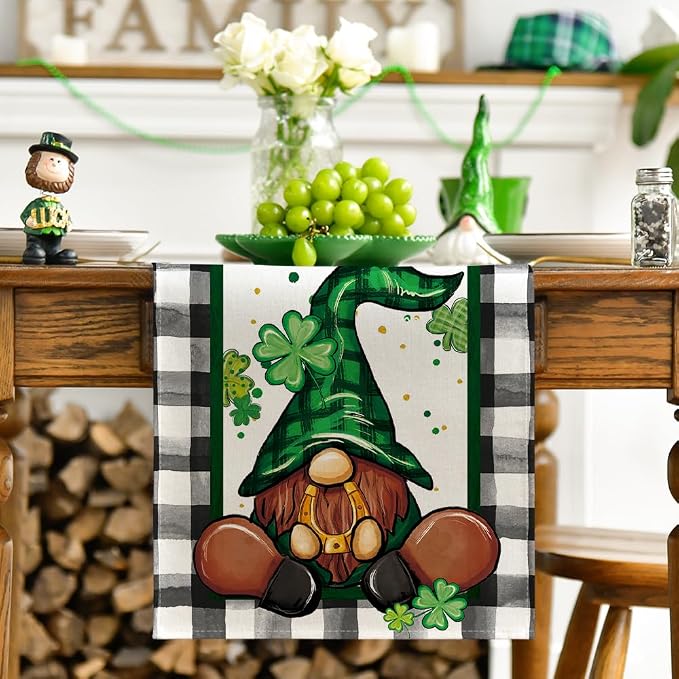 Artoid Mode Buffalo Plaid Shamrock Gnome St. Patrick's Day Table Runner - Image 2