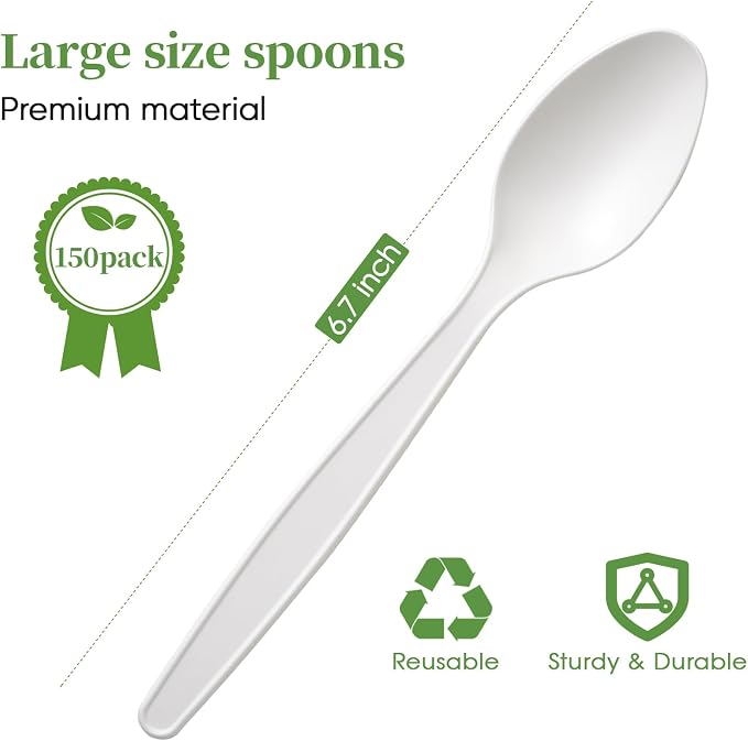ECOLipak 150 Pcs White Disposable Spoons, 6.7 Inch Large Size Heavy Duty No - Image 2