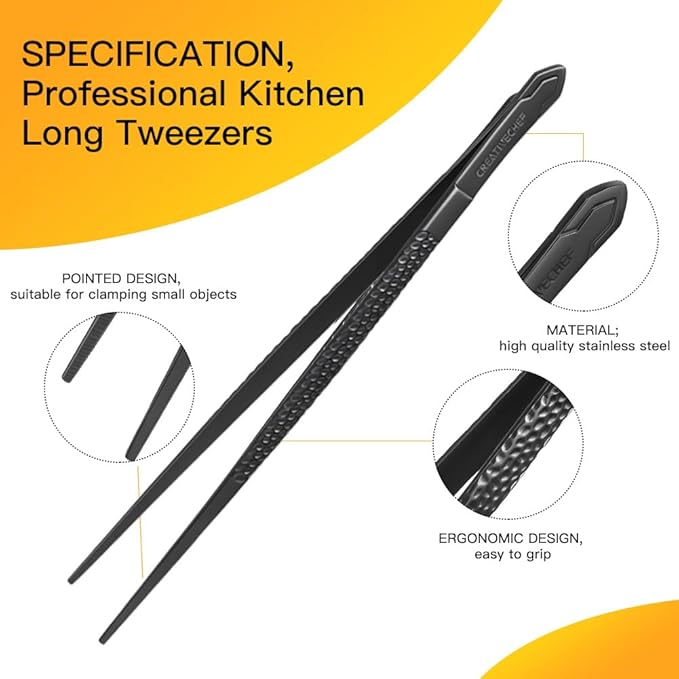 Tongs for Plating, Black Stainless Steel Culinary Tweezers, 10-Inch