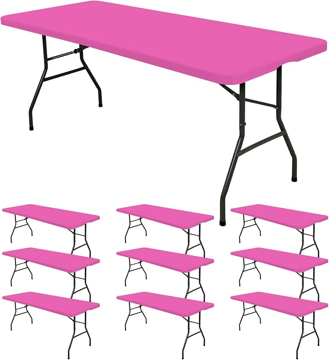 10 Pack Fitted Tablecloth for 6 Foot Rectangle Tables, Hot Pink Elastic Outdoor by REWOMC