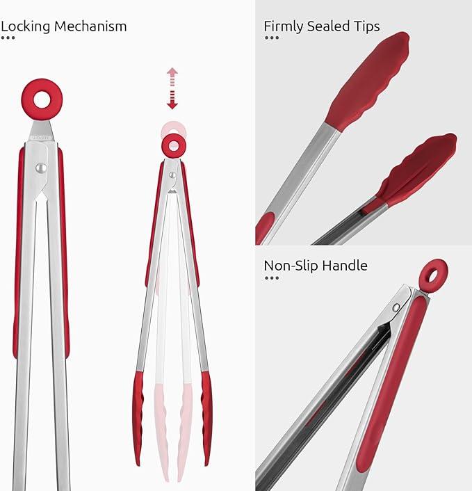 Tongs with Silicone Tips, Locking Stainless Steel, Red