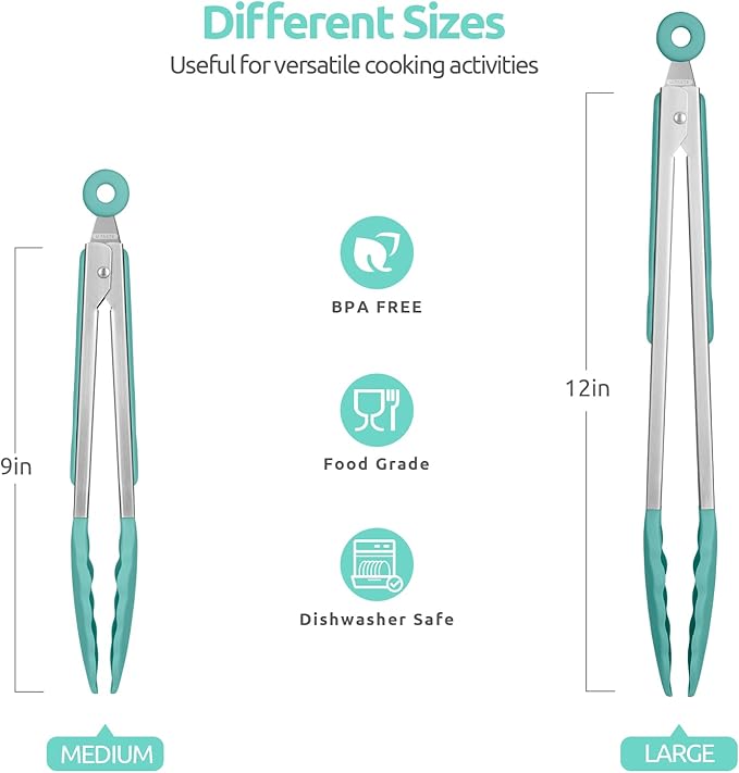 Tongs with Silicone Tips and Lock, 18/8 Stainless Steel, Aqua Sky